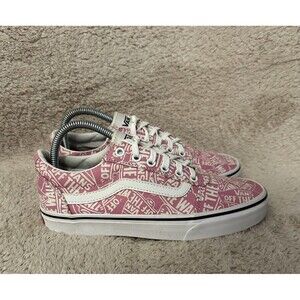 Vans Old Skool Pink White Spell Out Canvas Skate Shoes Sneakers Women’s Size 9